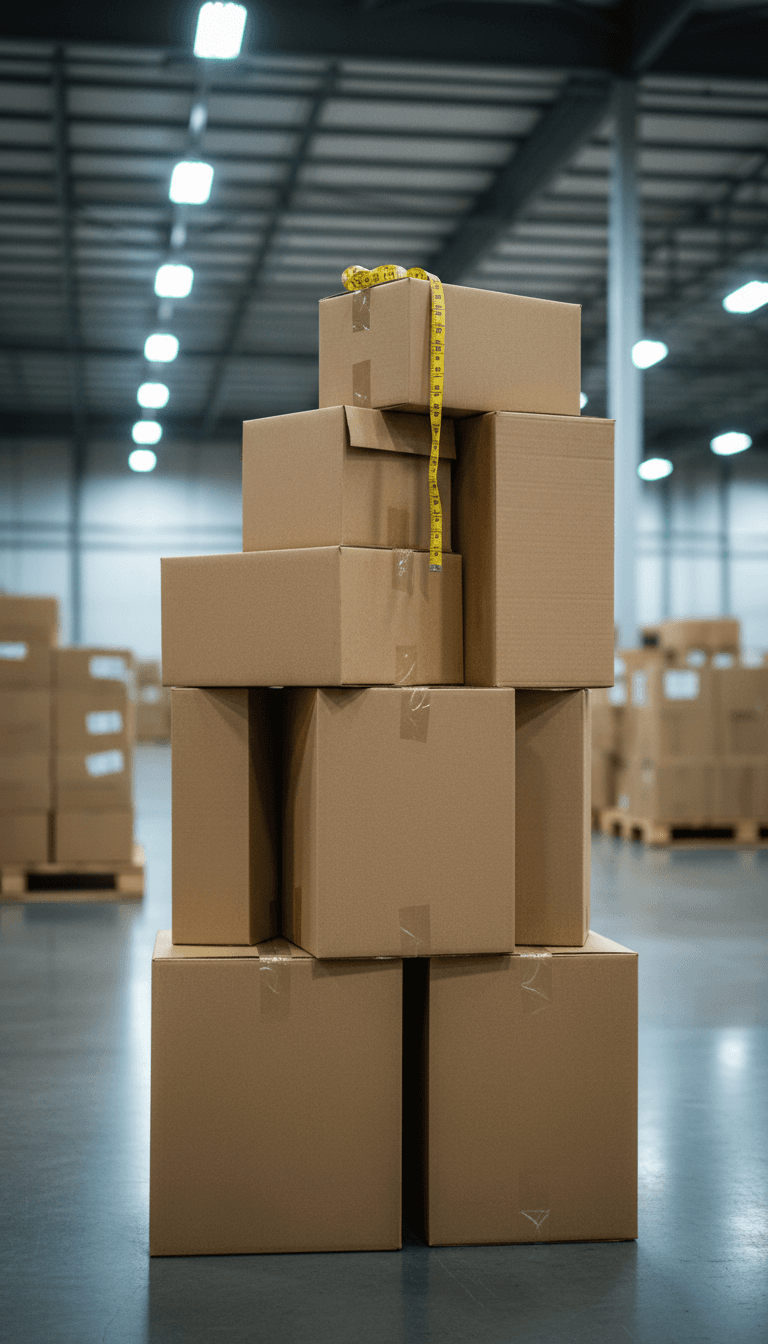 Cardboard boxes with measuring tape on a clean warehouse floor