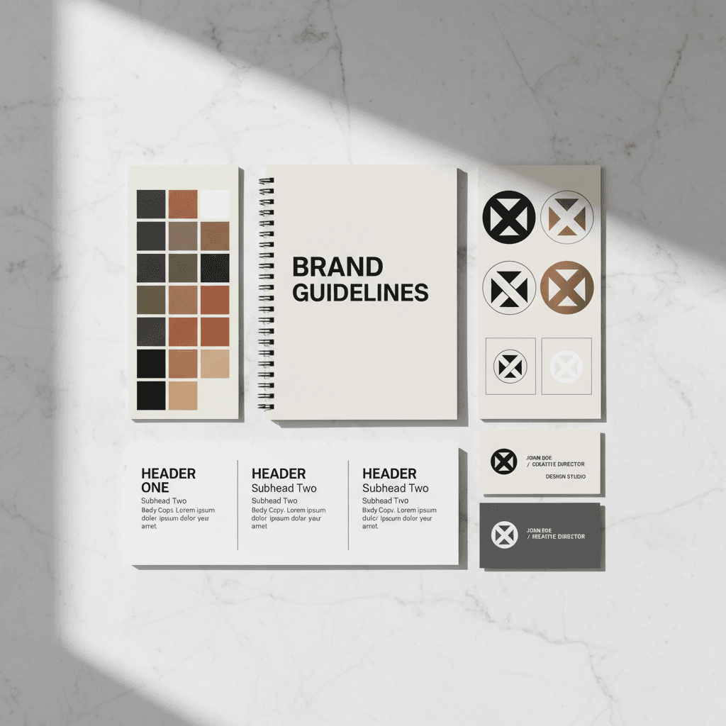 Overhead view of complete brand identity system including guidelines, color swatches, typography, and logo variations on light surface